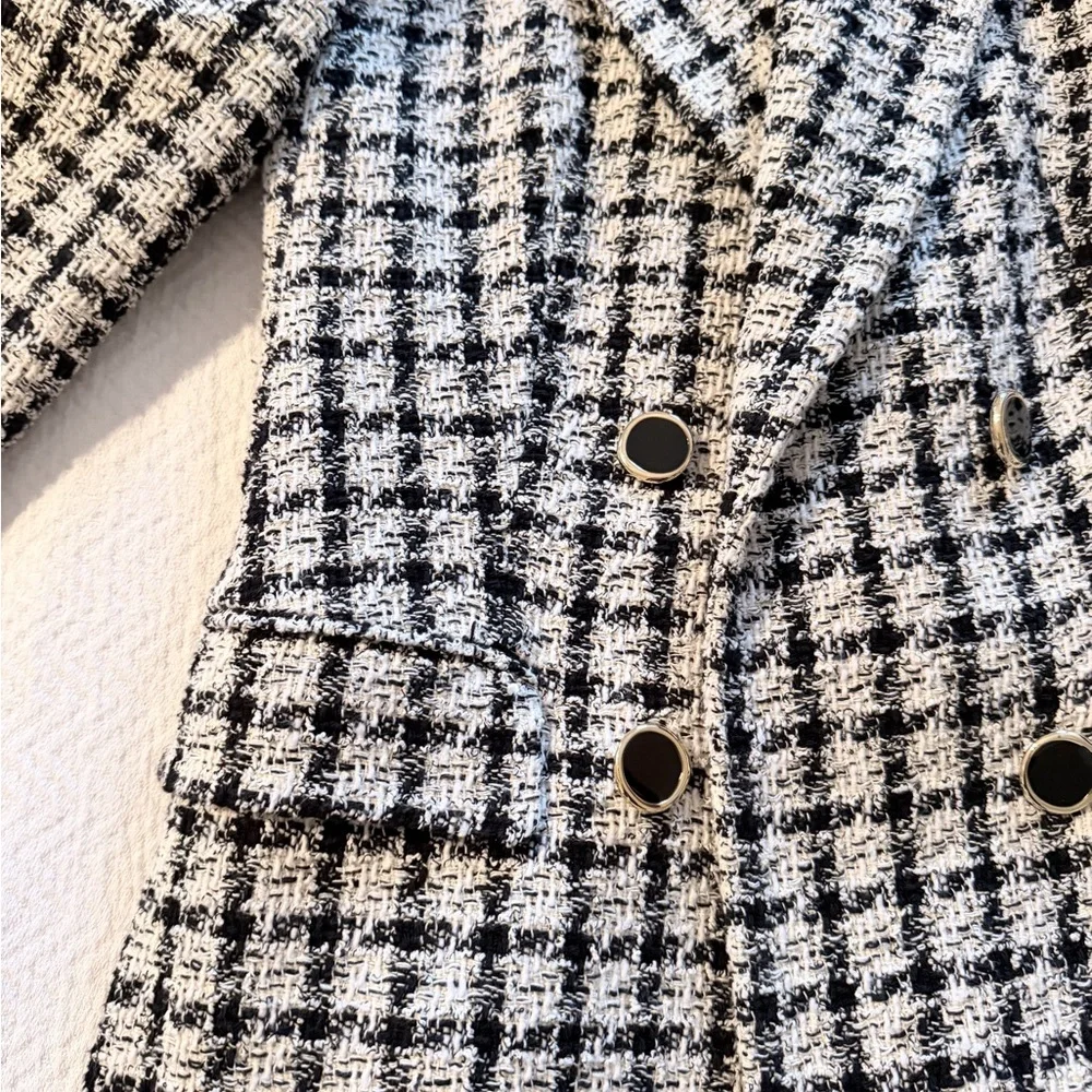 Zara Textured Double Breasted Black and White Houndstooth Plaid Pattern Blazer S - Picture 5 of 6